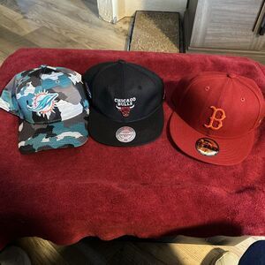 2 Snap-backs And 7 3/4 Fitted Dolphins, Bills, Red Sox  3 Hats Total